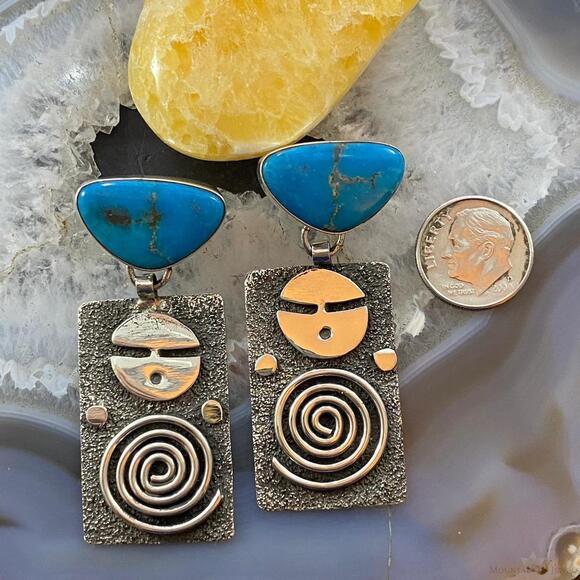 Alex Sanchez Native American Sterling Turquoise Petroglyph Dangle Earrings #2 - Picture 8 of 10